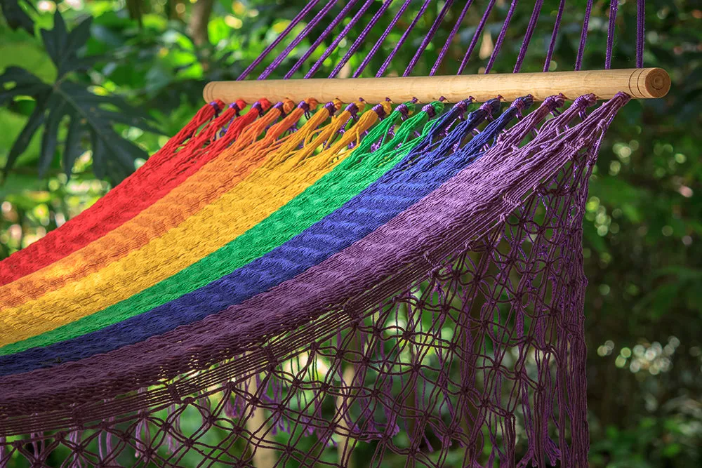 Authentic Mexican Deluxe Outdoor Undercover Cotton Hammock with spreader bars - Rainbow