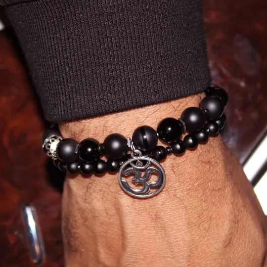 Black Onyx OM Bead Bracelet Set