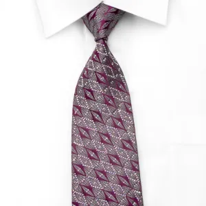 Cabrini Men's Silk Necktie Purple Silver Geometric Sparkling With Crystal Rhinestones