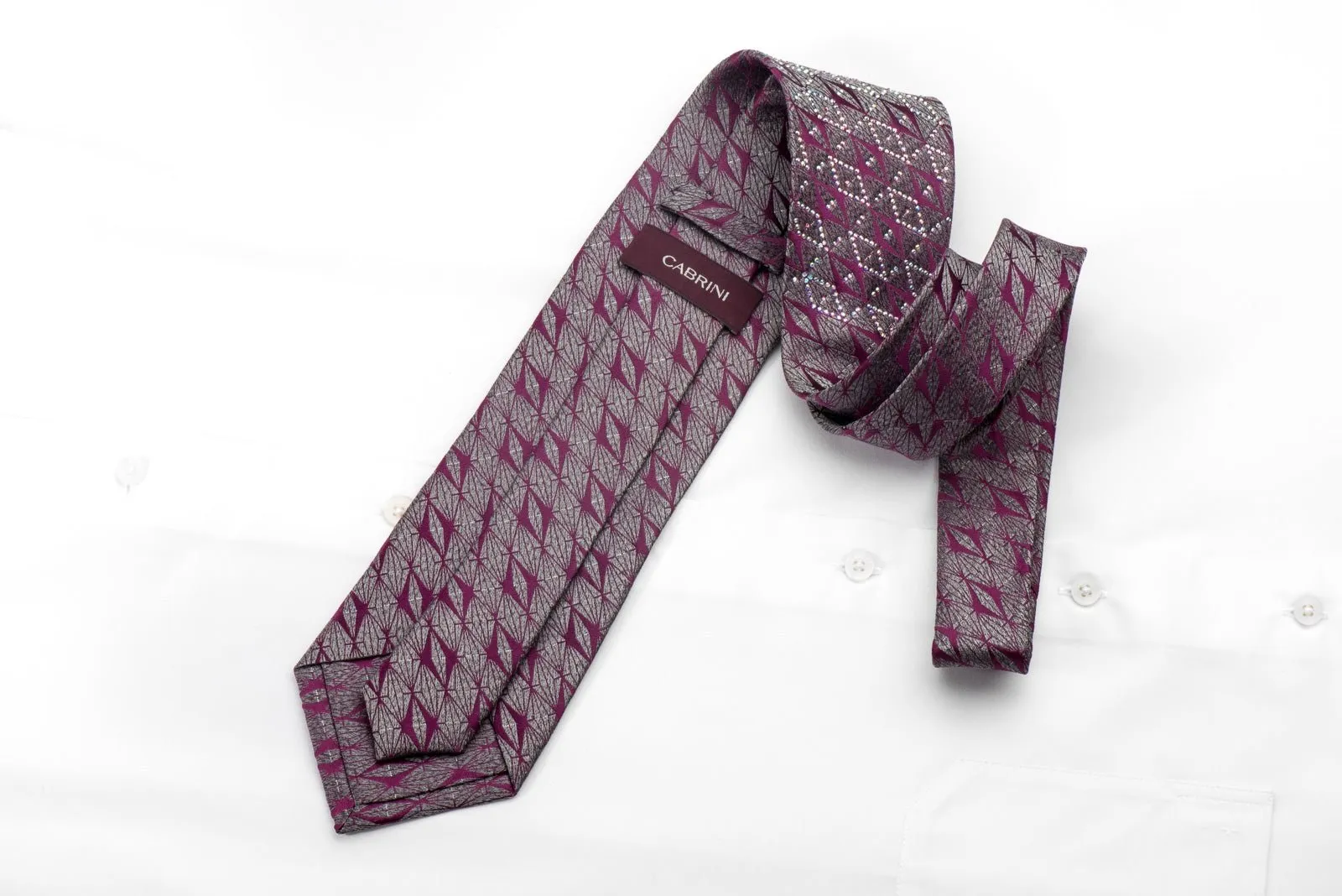 Cabrini Men's Silk Necktie Purple Silver Geometric Sparkling With Crystal Rhinestones