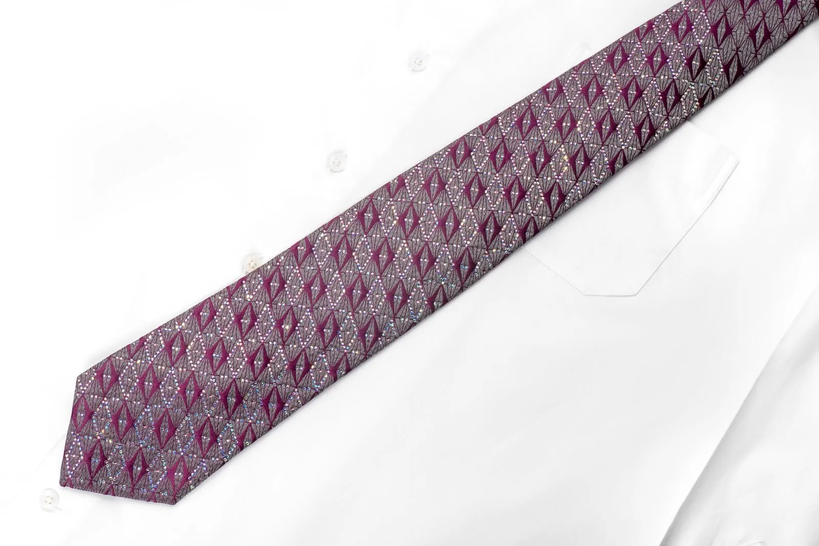 Cabrini Men's Silk Necktie Purple Silver Geometric Sparkling With Crystal Rhinestones