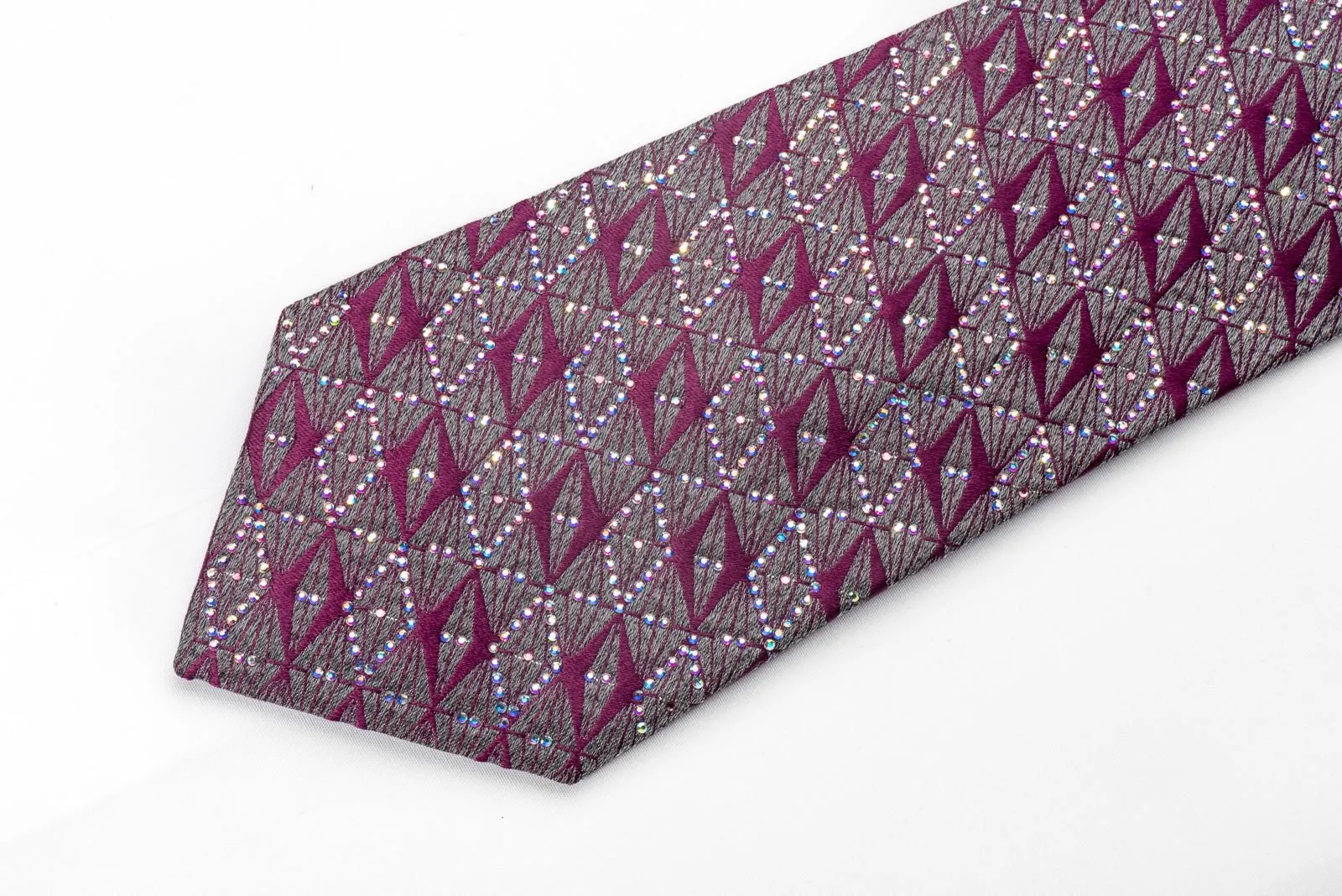 Cabrini Men's Silk Necktie Purple Silver Geometric Sparkling With Crystal Rhinestones