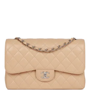 Chanel Jumbo Classic Double Flap Bag Beige Caviar Silver Hardware