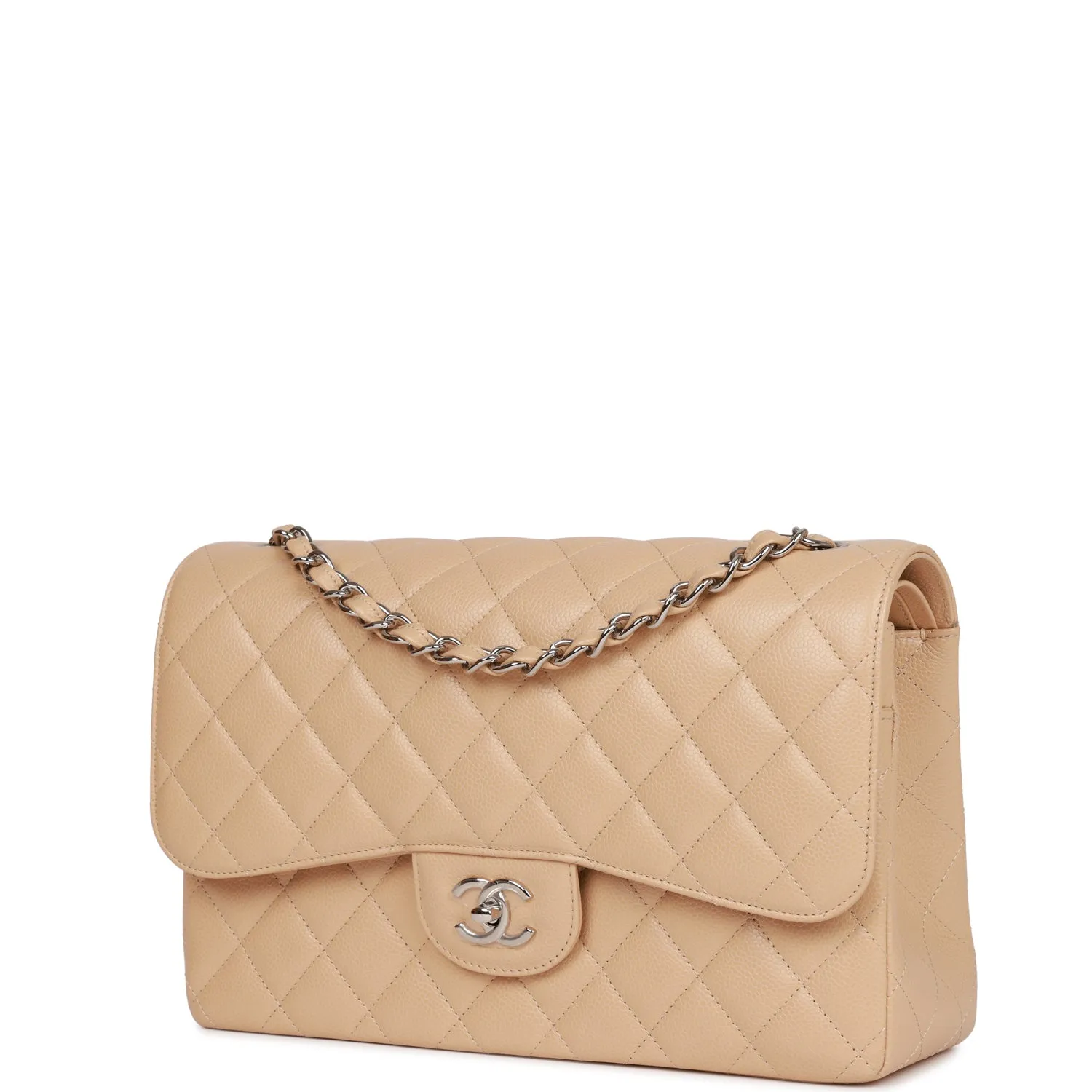 Chanel Jumbo Classic Double Flap Bag Beige Caviar Silver Hardware