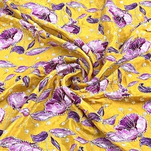 Classic Mustard Yellow Multicolor Floral Sequins Pearl Embroidery Natural Crape Fabric