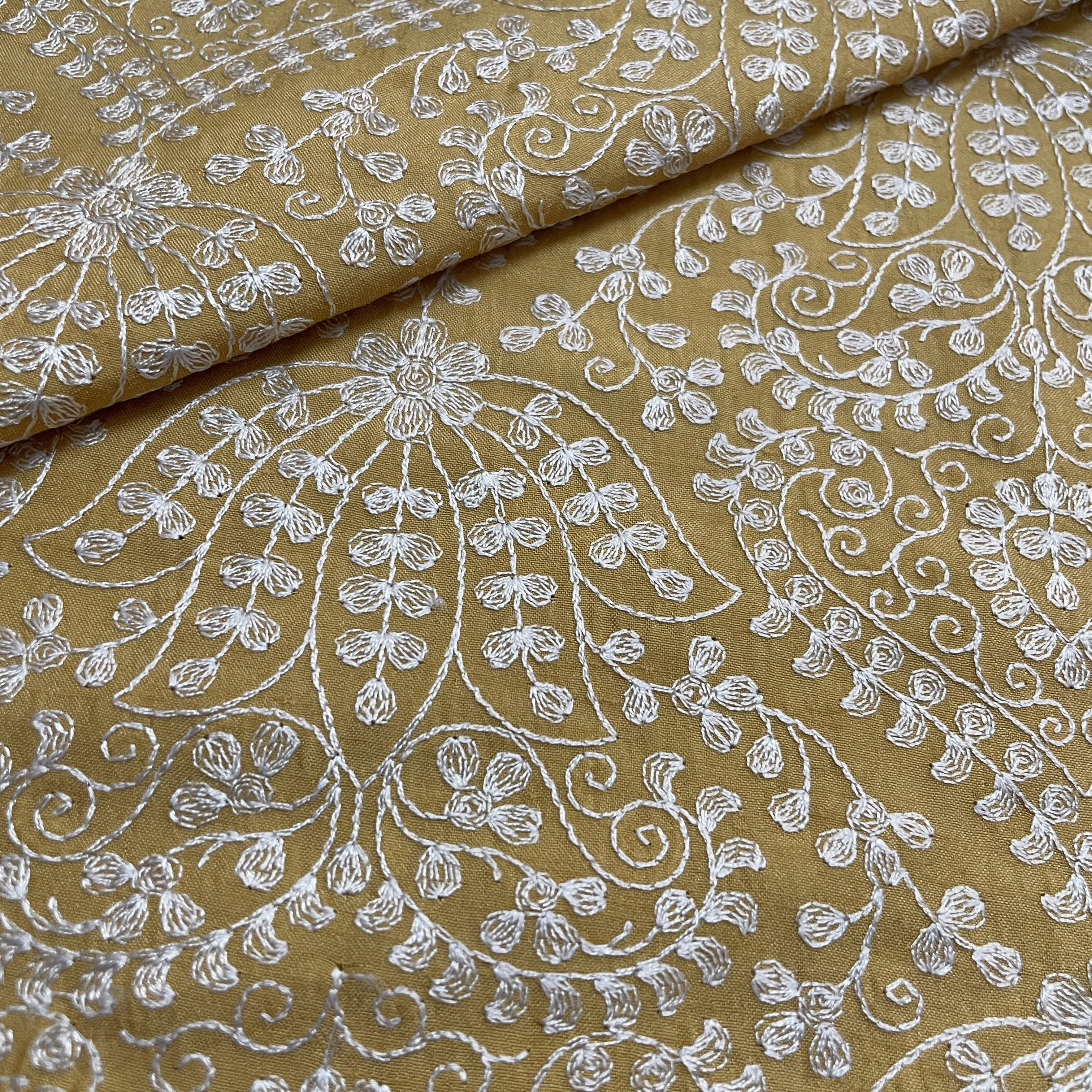 Classic Yellow Floral Thread Embroidery Bemberg Silk Fabric