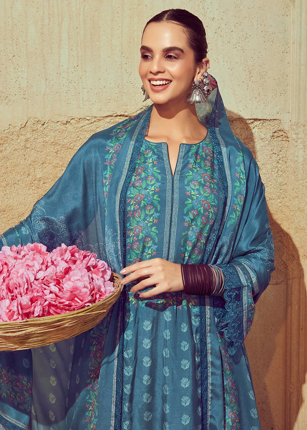 Digital Printed & Embroidered Slate Blue Muslin Salwar Suit