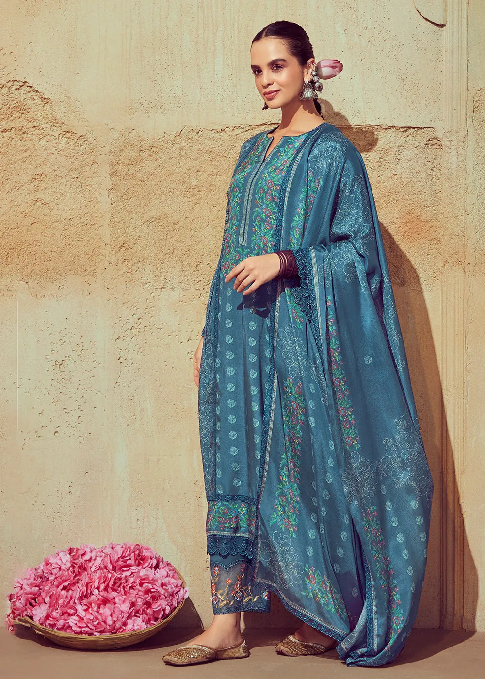 Digital Printed & Embroidered Slate Blue Muslin Salwar Suit