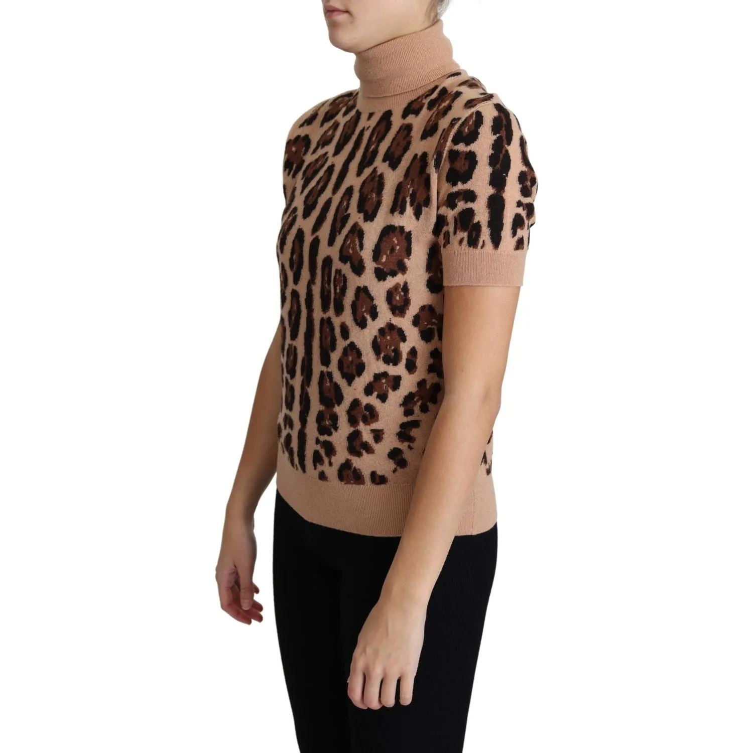 Dolce & Gabbana Elegant Leopard Print Wool Turtleneck Top