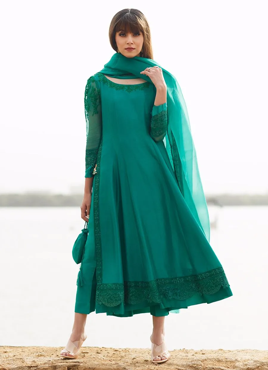 Emerald silk Kalidaar with pure organza embroidered dupatta