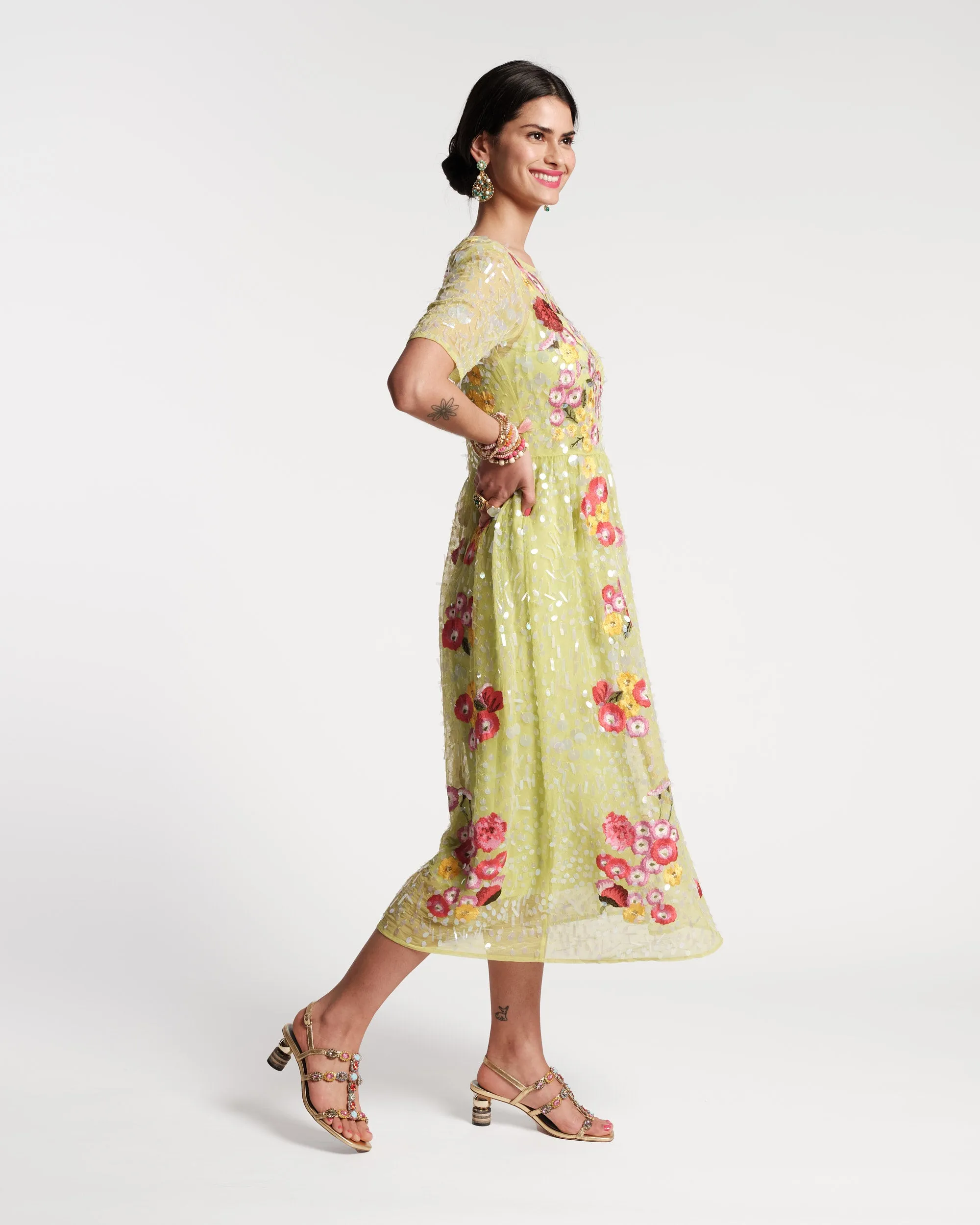 Faith Embroidered Dress Chamomile Cluster Green