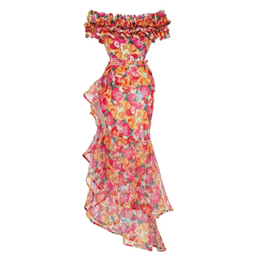 Floral Print One-Piece Swimsuit and Cover Up Skirt Set