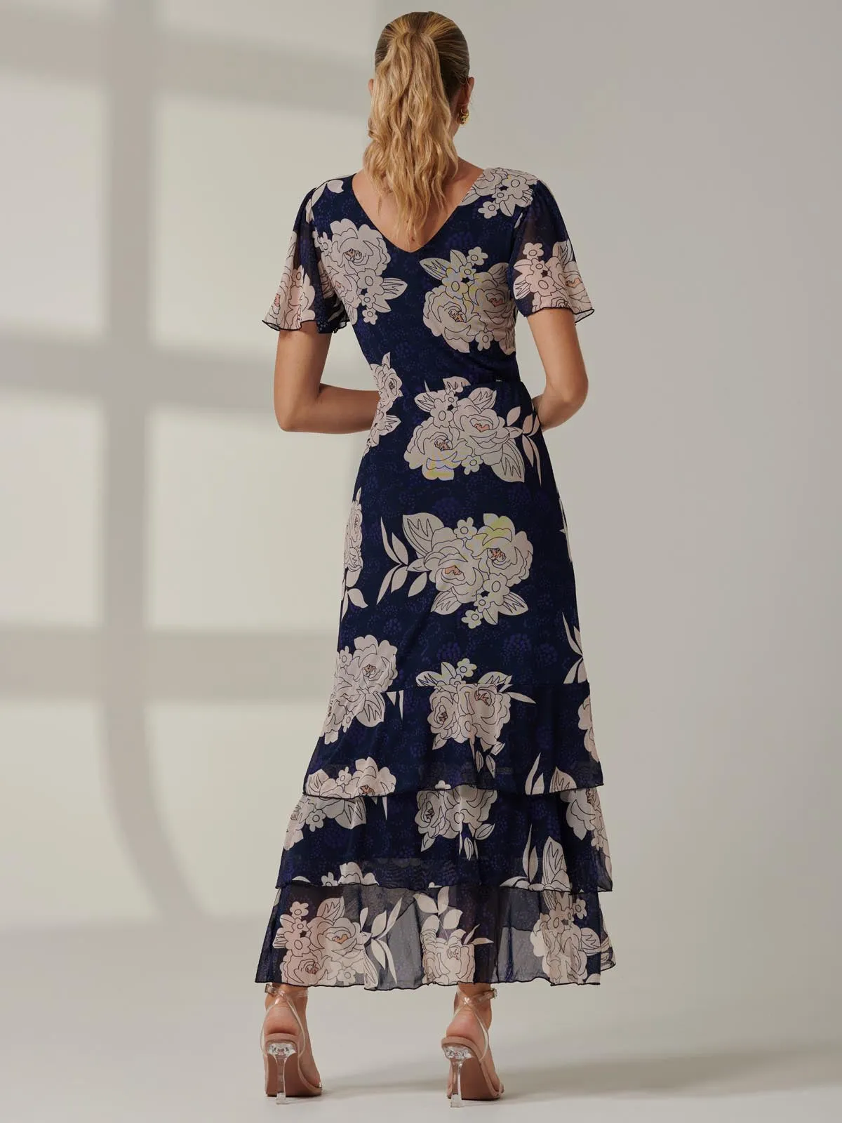 Floral Printed Tiered Maxi Dress, Navy Floral