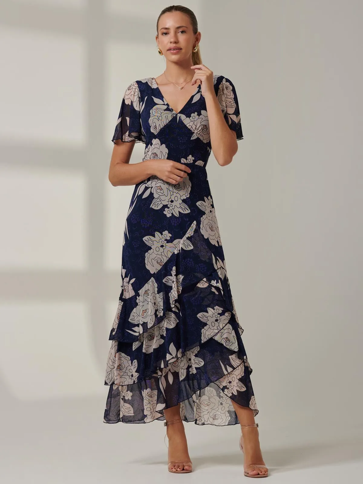 Floral Printed Tiered Maxi Dress, Navy Floral