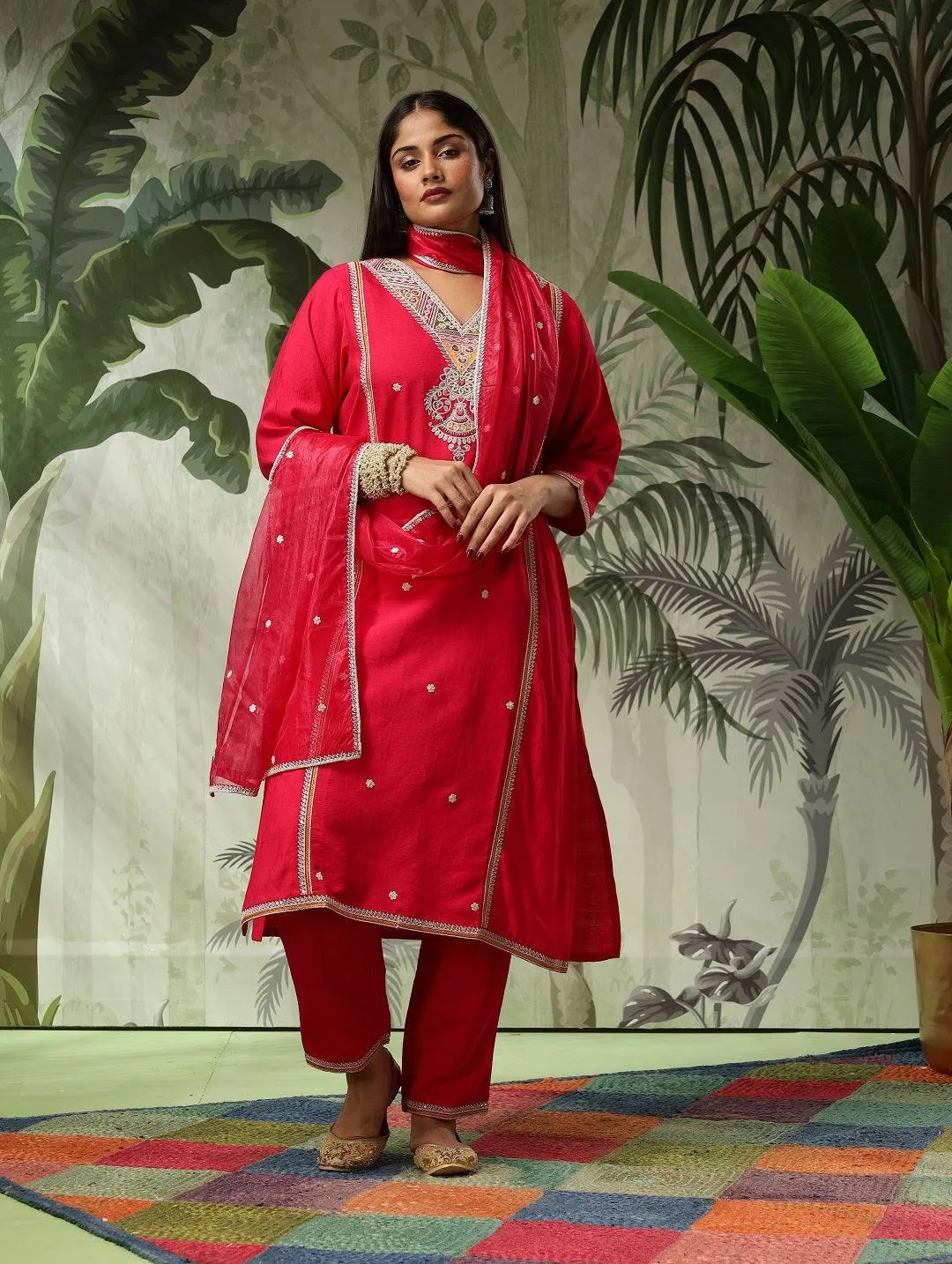 Kesar Plus Size Muslin Red Embroidered Straight Kurta Set With Dupatta