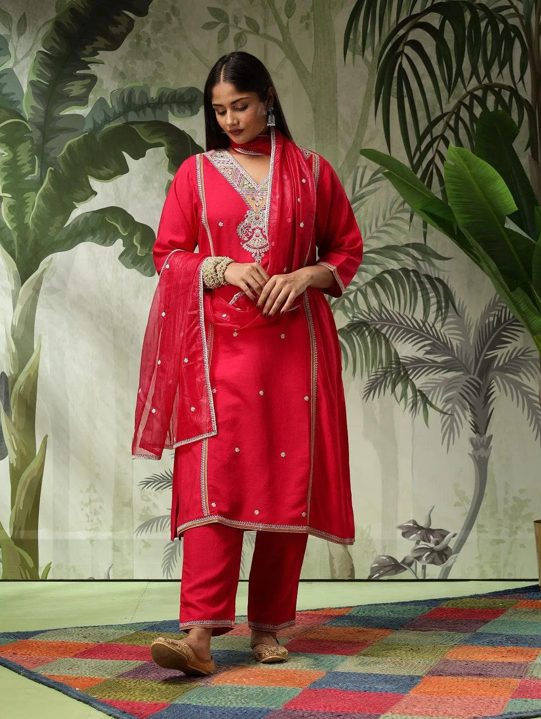 Kesar Plus Size Muslin Red Embroidered Straight Kurta Set With Dupatta