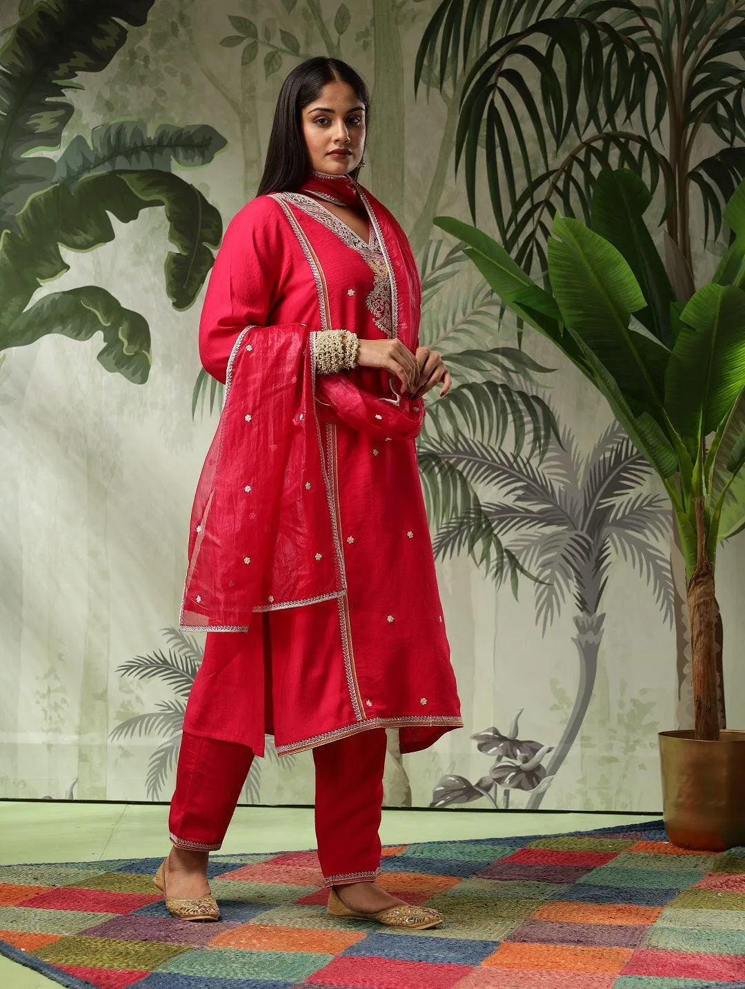 Kesar Plus Size Muslin Red Embroidered Straight Kurta Set With Dupatta