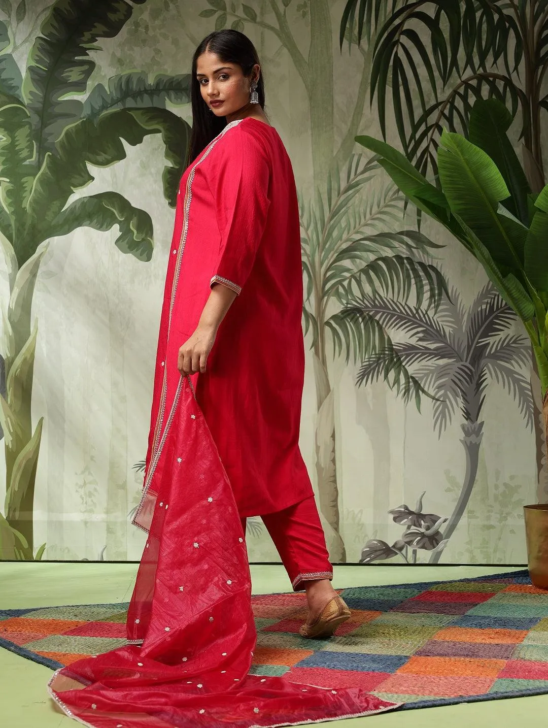 Kesar Plus Size Muslin Red Embroidered Straight Kurta Set With Dupatta