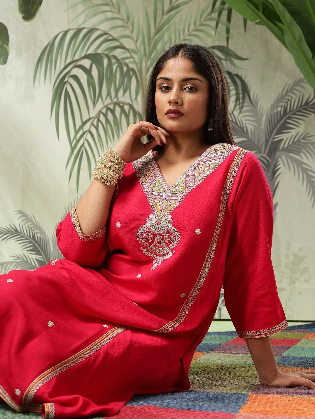 Kesar Plus Size Muslin Red Embroidered Straight Kurta Set With Dupatta