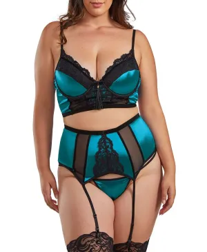 Lux Women's 3-Piece Satin and Lace Lingerie Set with Garters i  Collection, blue