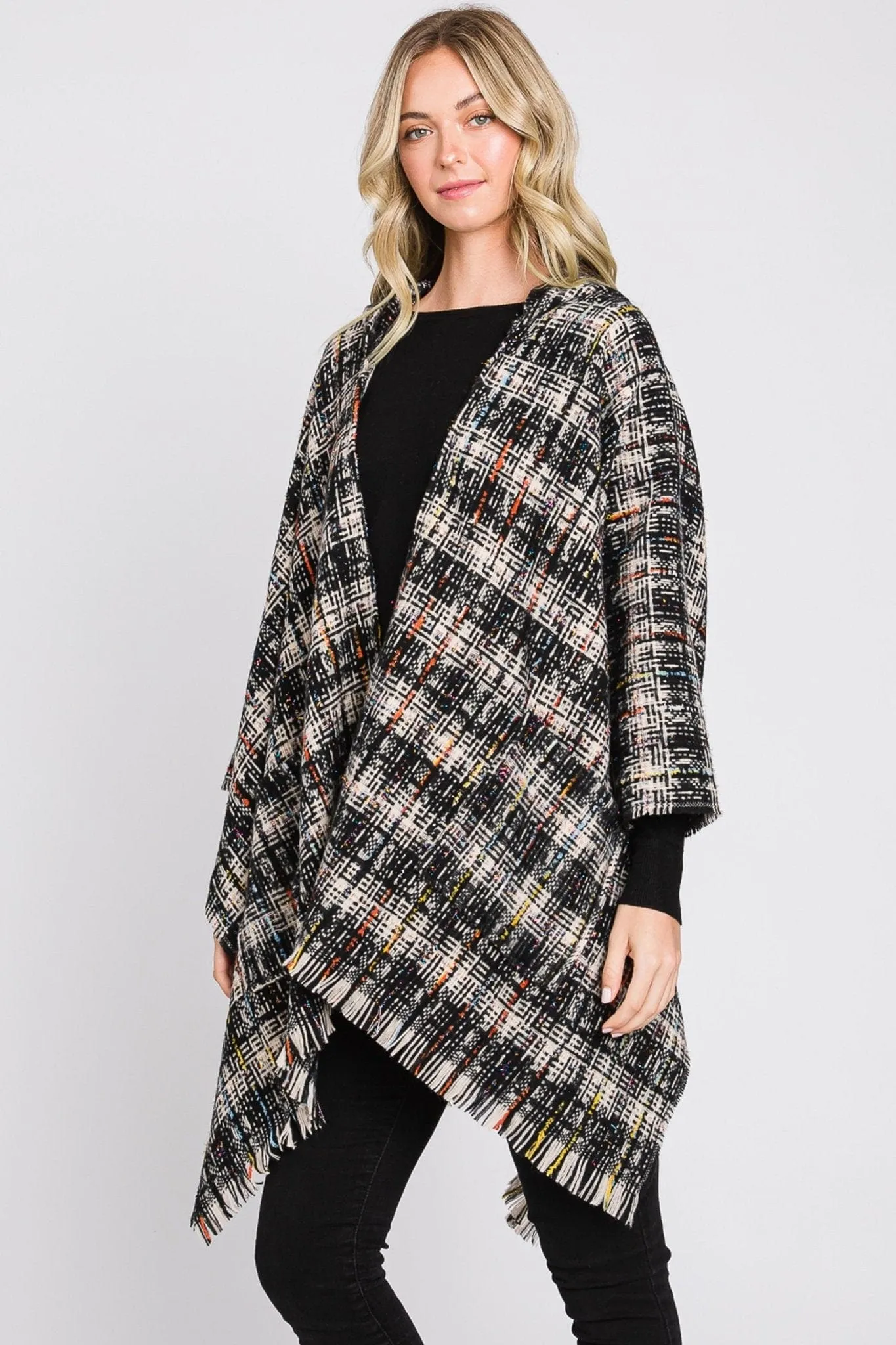 MS0317 Erika Plaid Fringe Ruana With Hoodie