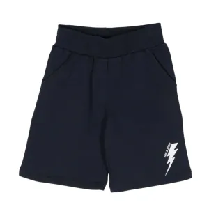 Neil Barrett Kids Printed Thunderbolt Logo Dark Blue Sweat Shorts