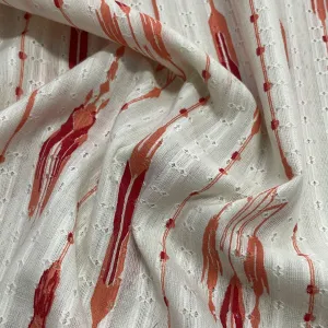 OffWhite Orange Ikkat Dobby Embroidery Dyeable Cotton Fabric