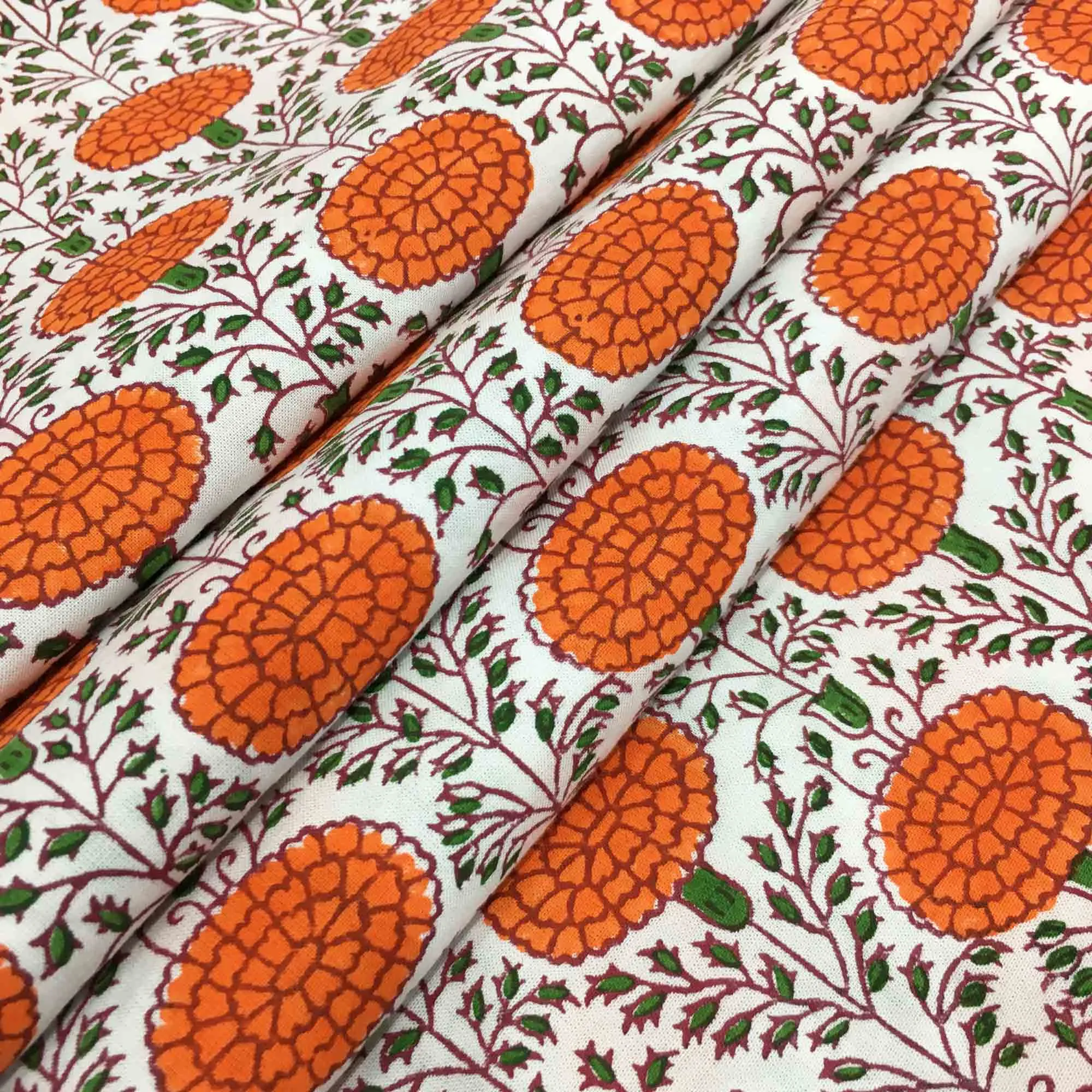 Orange Floral Hand Block Printed Cotton Fabric