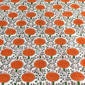 Orange Floral Hand Block Printed Cotton Fabric