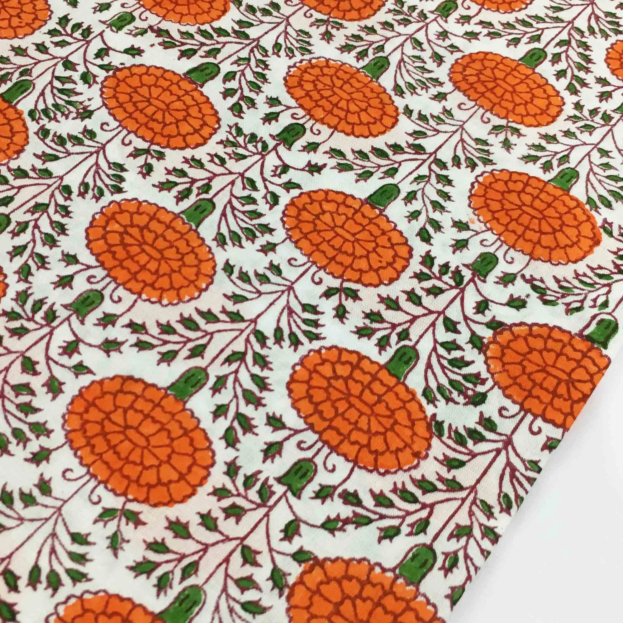 Orange Floral Hand Block Printed Cotton Fabric