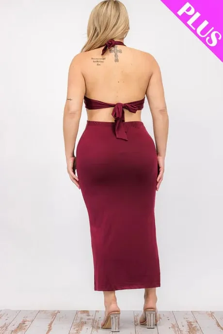 Plus size cut-out halter neck double back tie split thigh midi dress