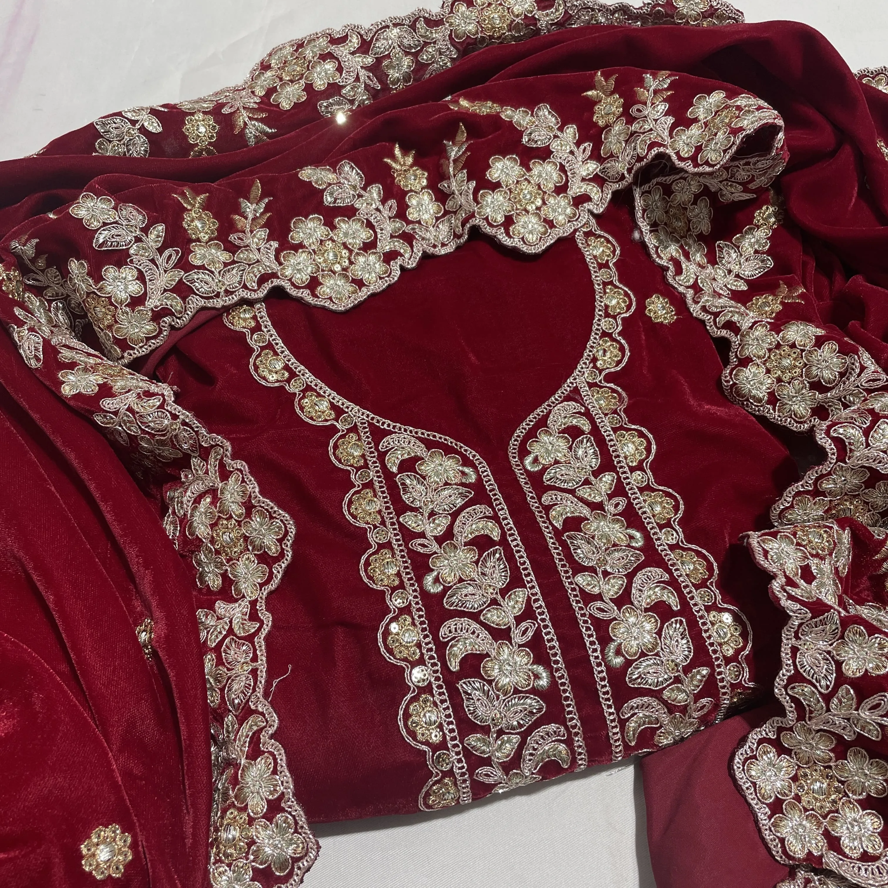 Premium Red Zari Embroidery Velvet Suit Set With Dupatta