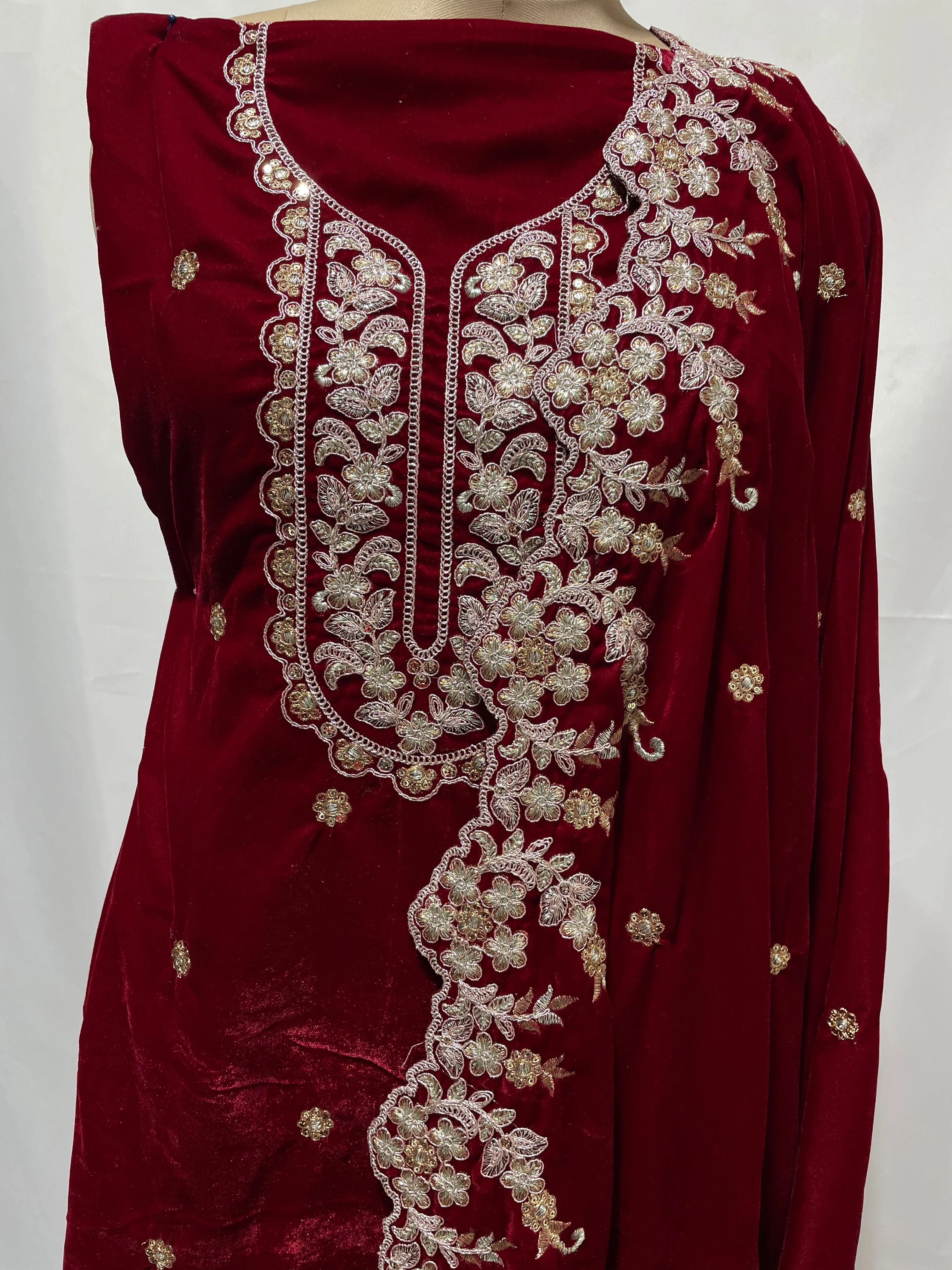 Premium Red Zari Embroidery Velvet Suit Set With Dupatta