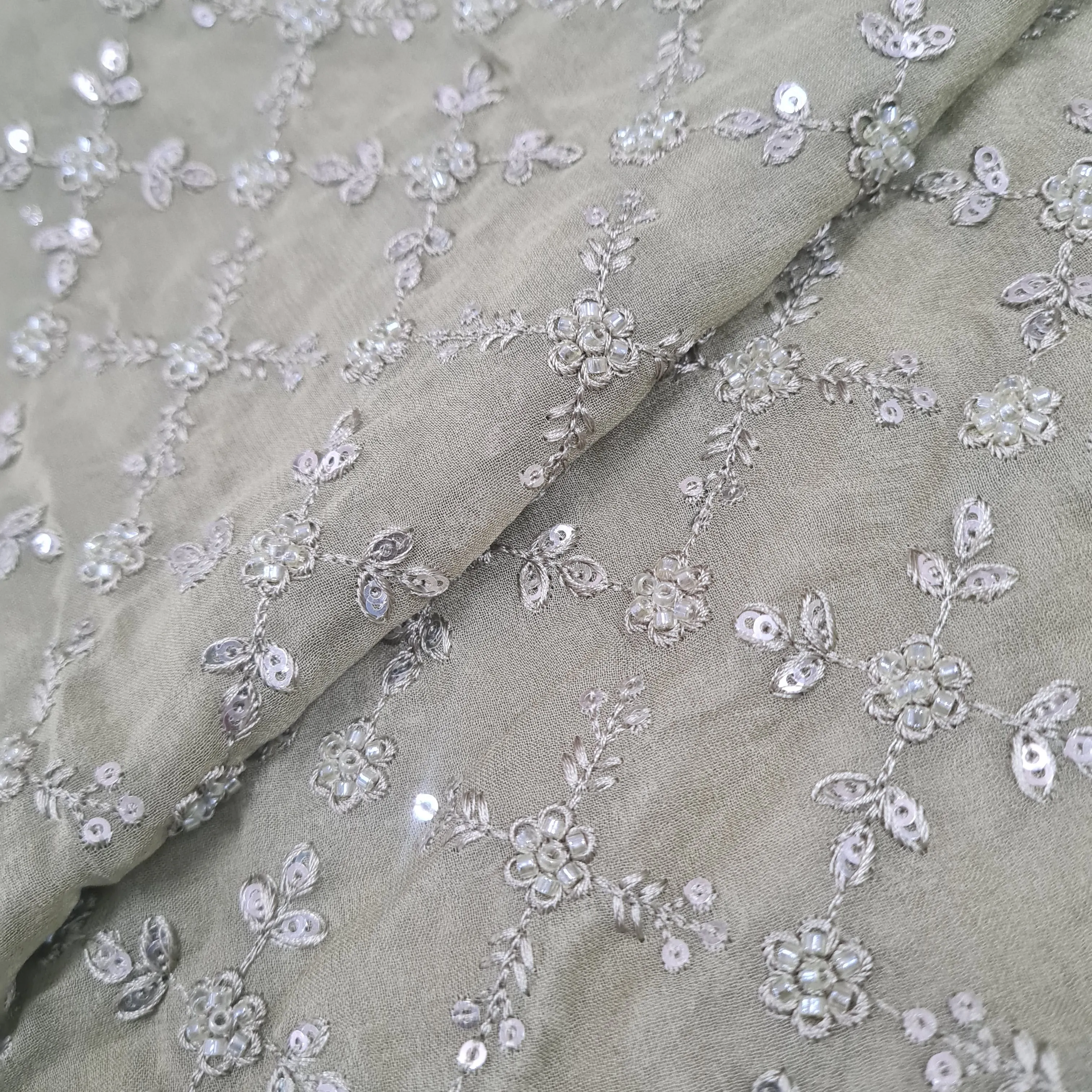 Premium Sage Green Floral Thread Embroidery Georgette Fabric