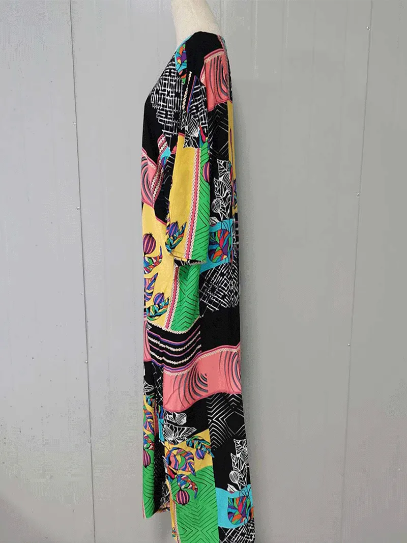 Printed Black Color Polyester Long Length Gown Kimono Duster Robe