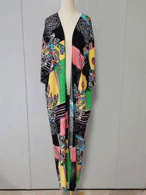 Printed Black Color Polyester Long Length Gown Kimono Duster Robe