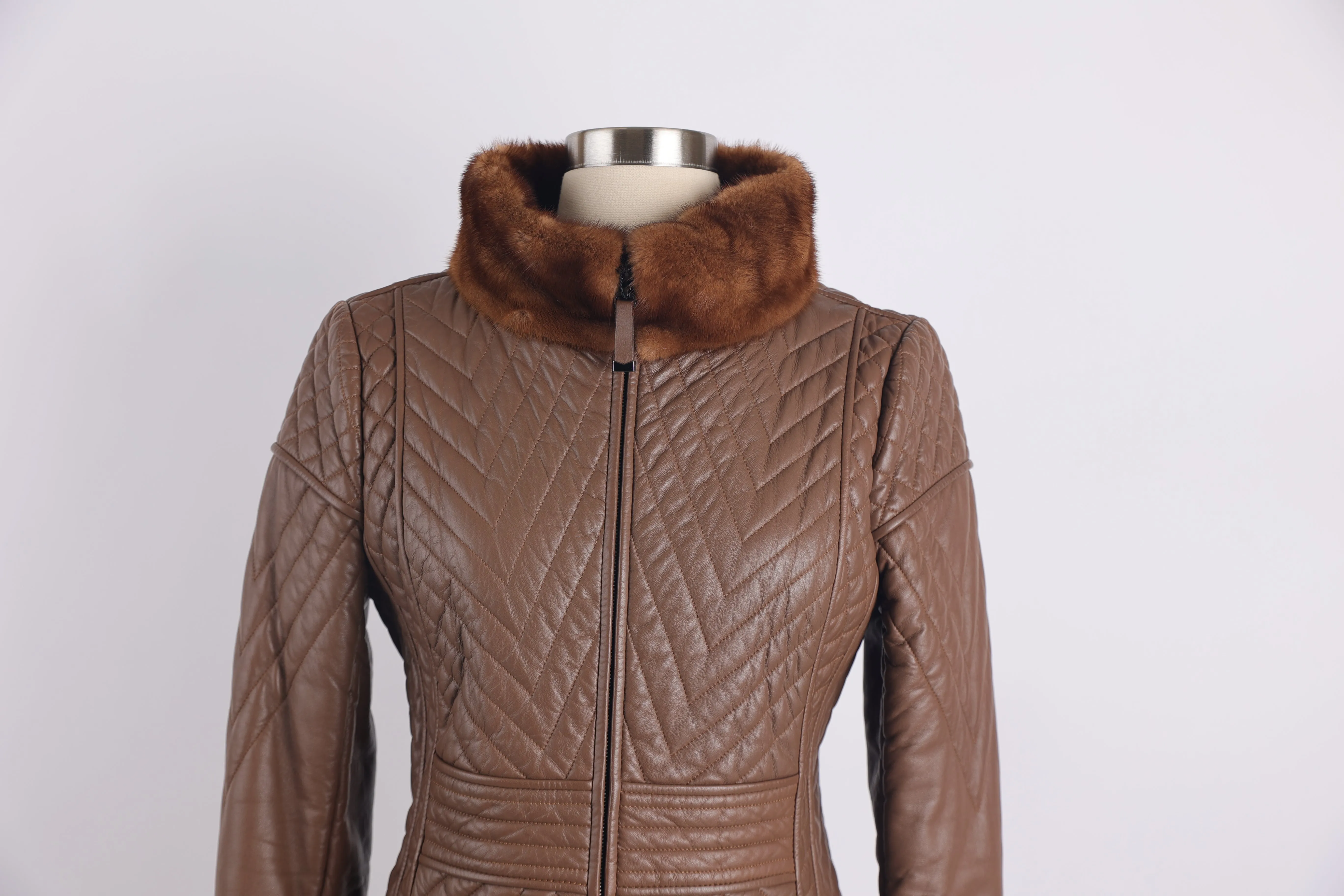 Quilted Leather Coat W/ Mink Collar