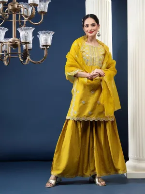 Rajwah Silk Women Mustard Embroidered Kurta Dupatta Set with Flared Palazzo