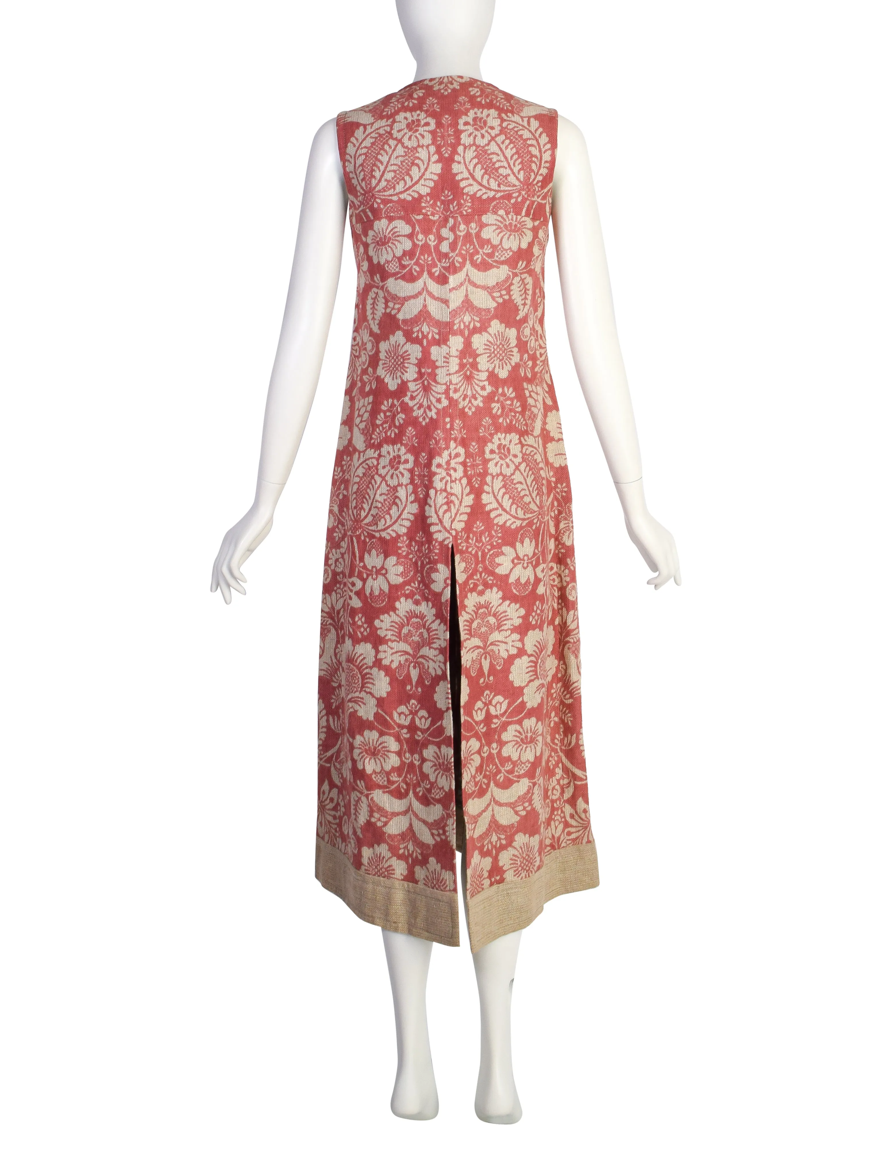 Roger & Gallet Vintage 1960s Pink Beige Floral Burlap Maxi Vest