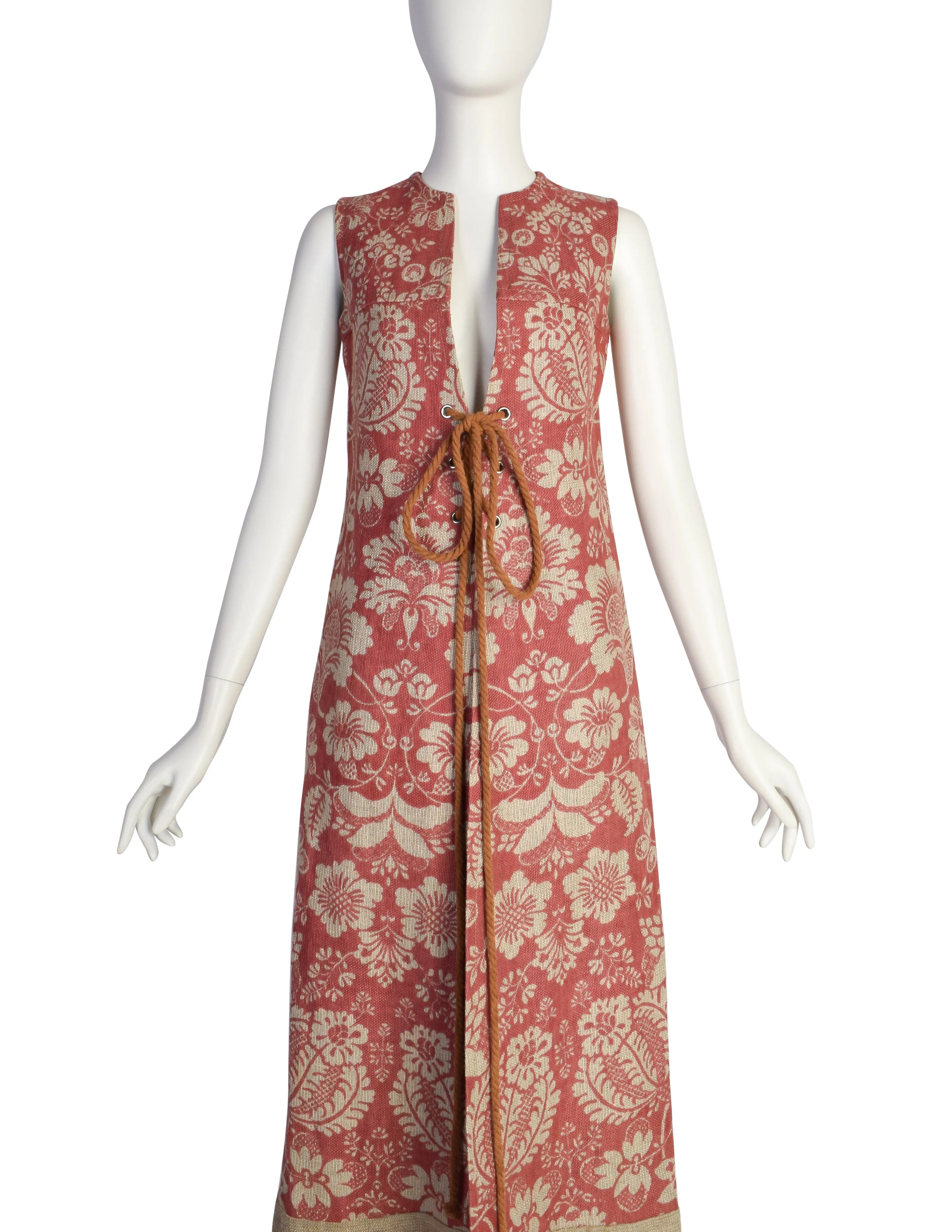 Roger & Gallet Vintage 1960s Pink Beige Floral Burlap Maxi Vest