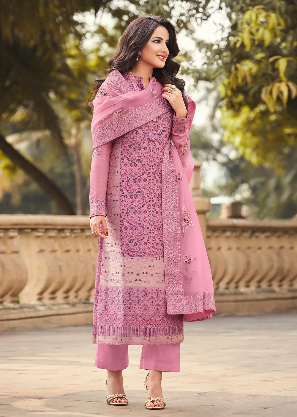 Rose Pink Viscose Jacquard Pant Style Salwar Kurta Set