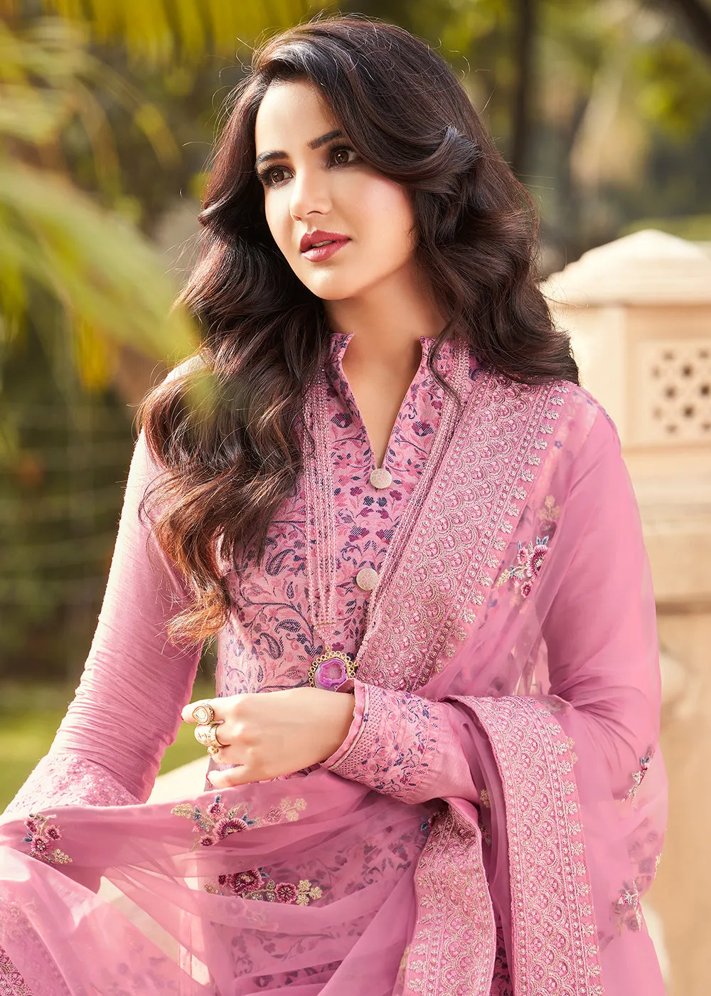 Rose Pink Viscose Jacquard Pant Style Salwar Kurta Set