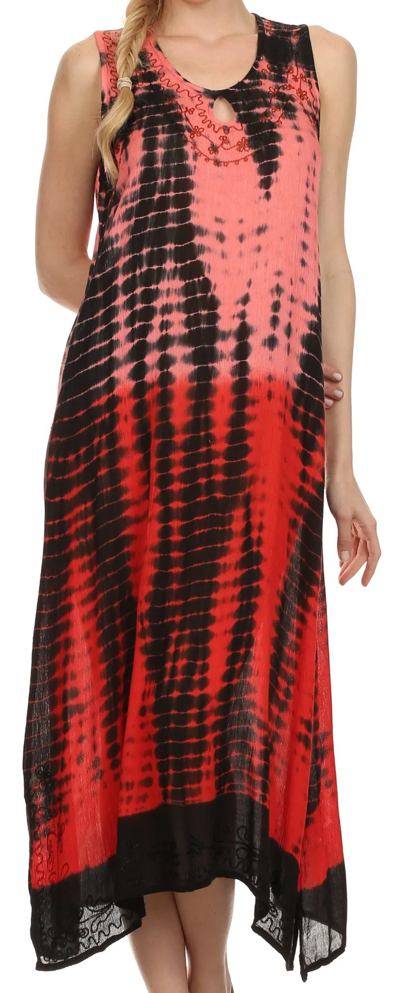 Sakkas Katherine Tie Dye Keyhole Neckline Embroidered Caftan Tank Dress