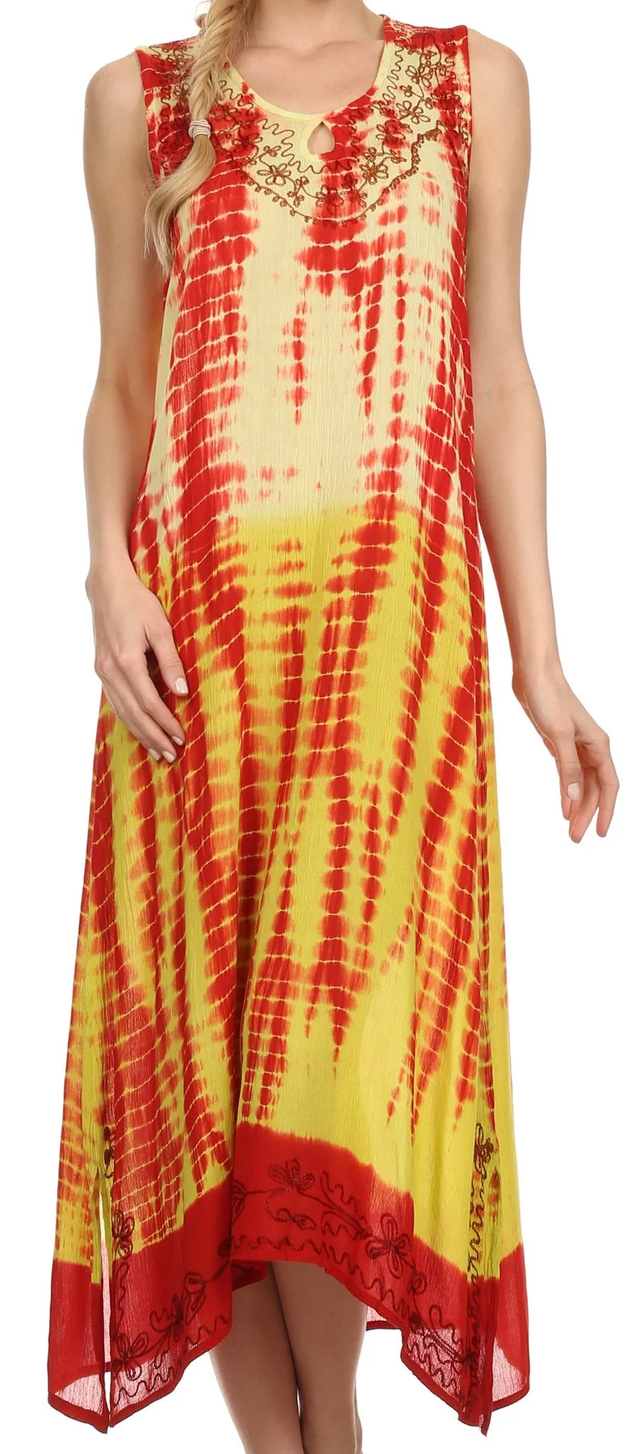 Sakkas Katherine Tie Dye Keyhole Neckline Embroidered Caftan Tank Dress