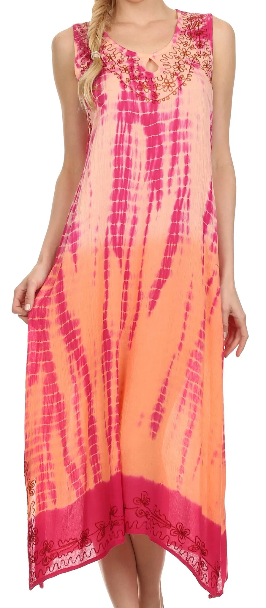 Sakkas Katherine Tie Dye Keyhole Neckline Embroidered Caftan Tank Dress