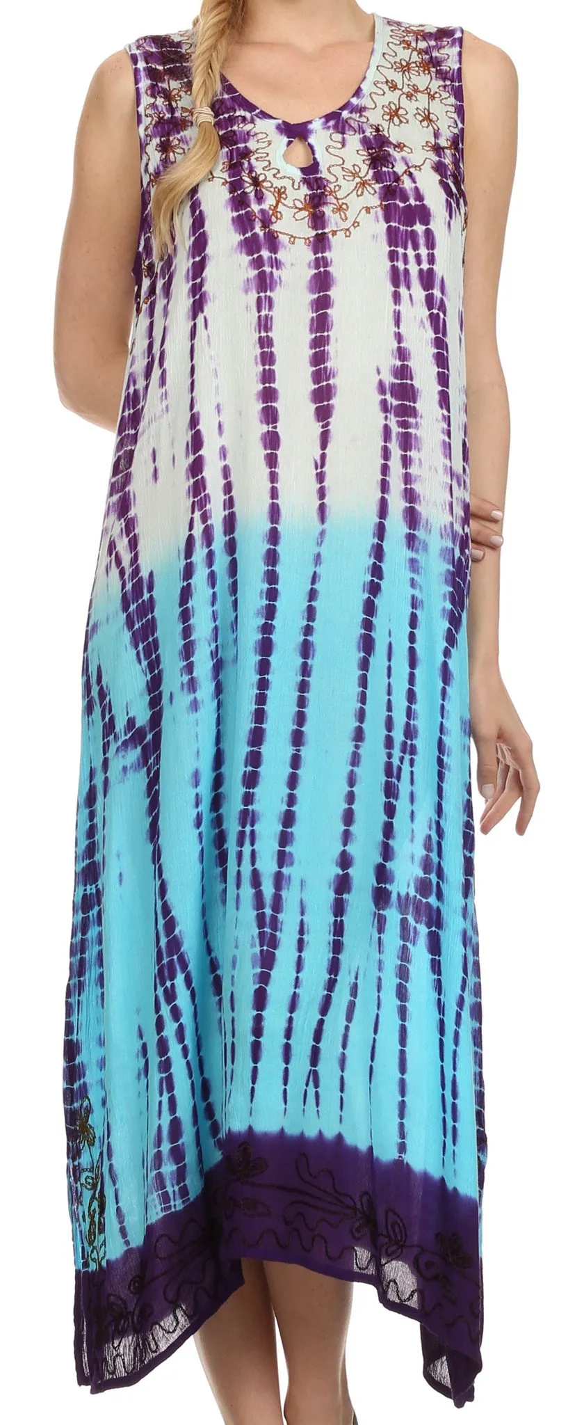 Sakkas Katherine Tie Dye Keyhole Neckline Embroidered Caftan Tank Dress