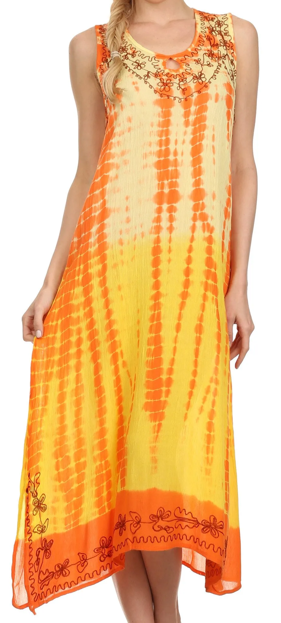 Sakkas Katherine Tie Dye Keyhole Neckline Embroidered Caftan Tank Dress