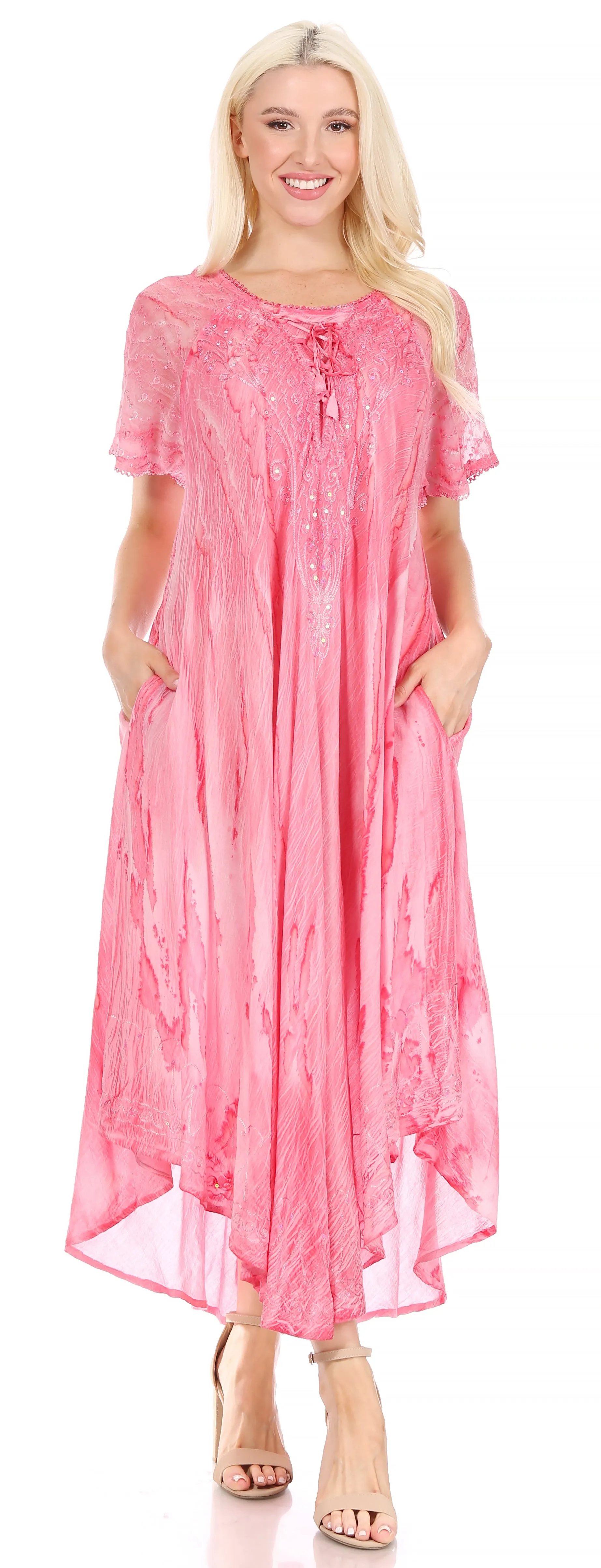 Sakkas Myani Two Tone Embroidered Sheer Cap Sleeve Caftan Long Dress | Cover Up