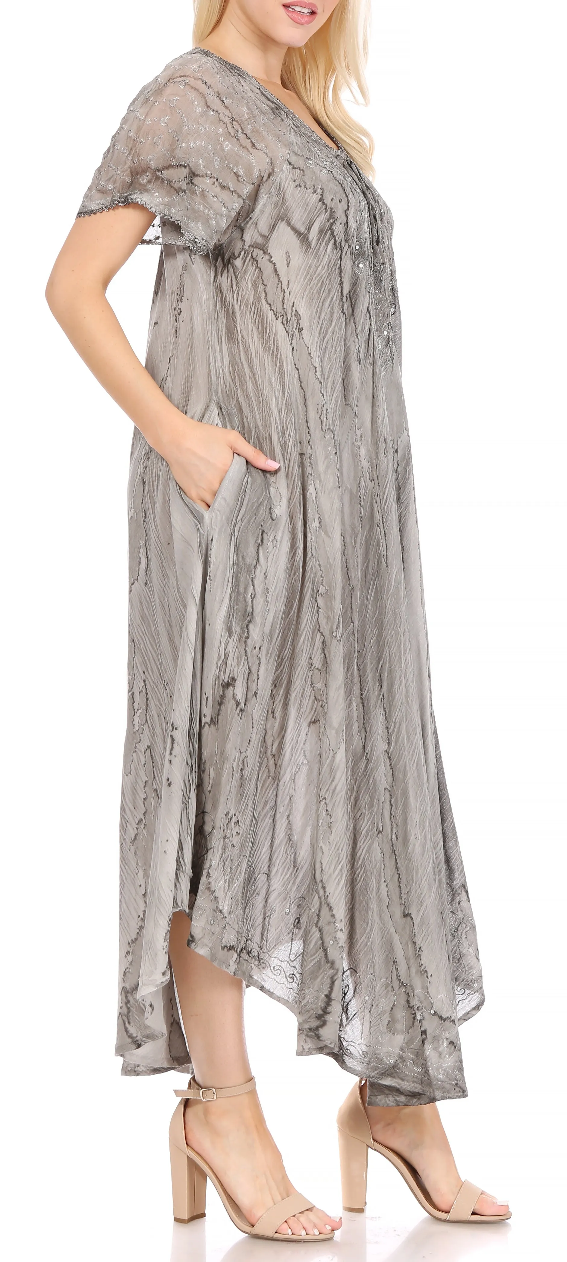 Sakkas Myani Two Tone Embroidered Sheer Cap Sleeve Caftan Long Dress | Cover Up