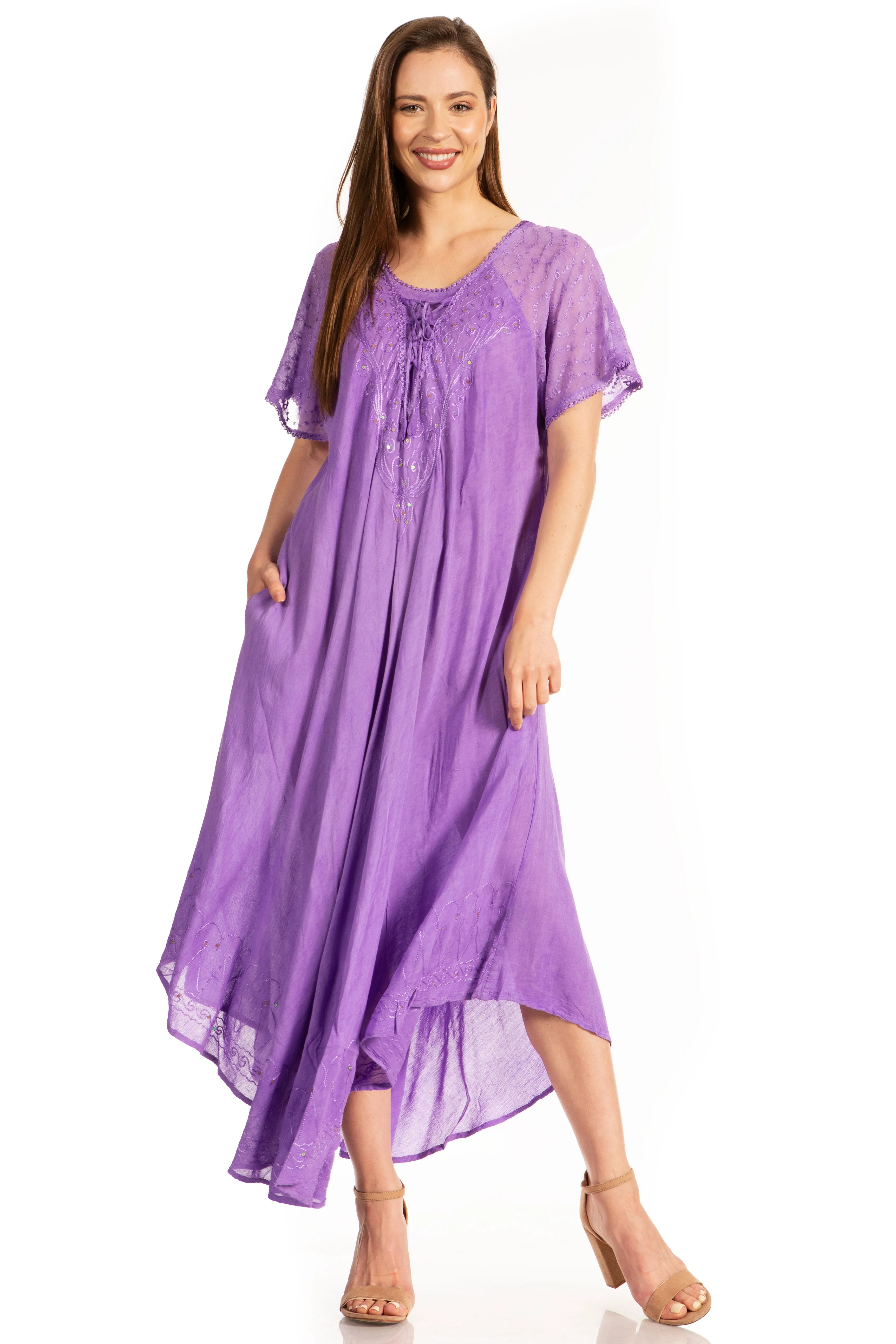 Sakkas Myani Two Tone Embroidered Sheer Cap Sleeve Caftan Long Dress | Cover Up